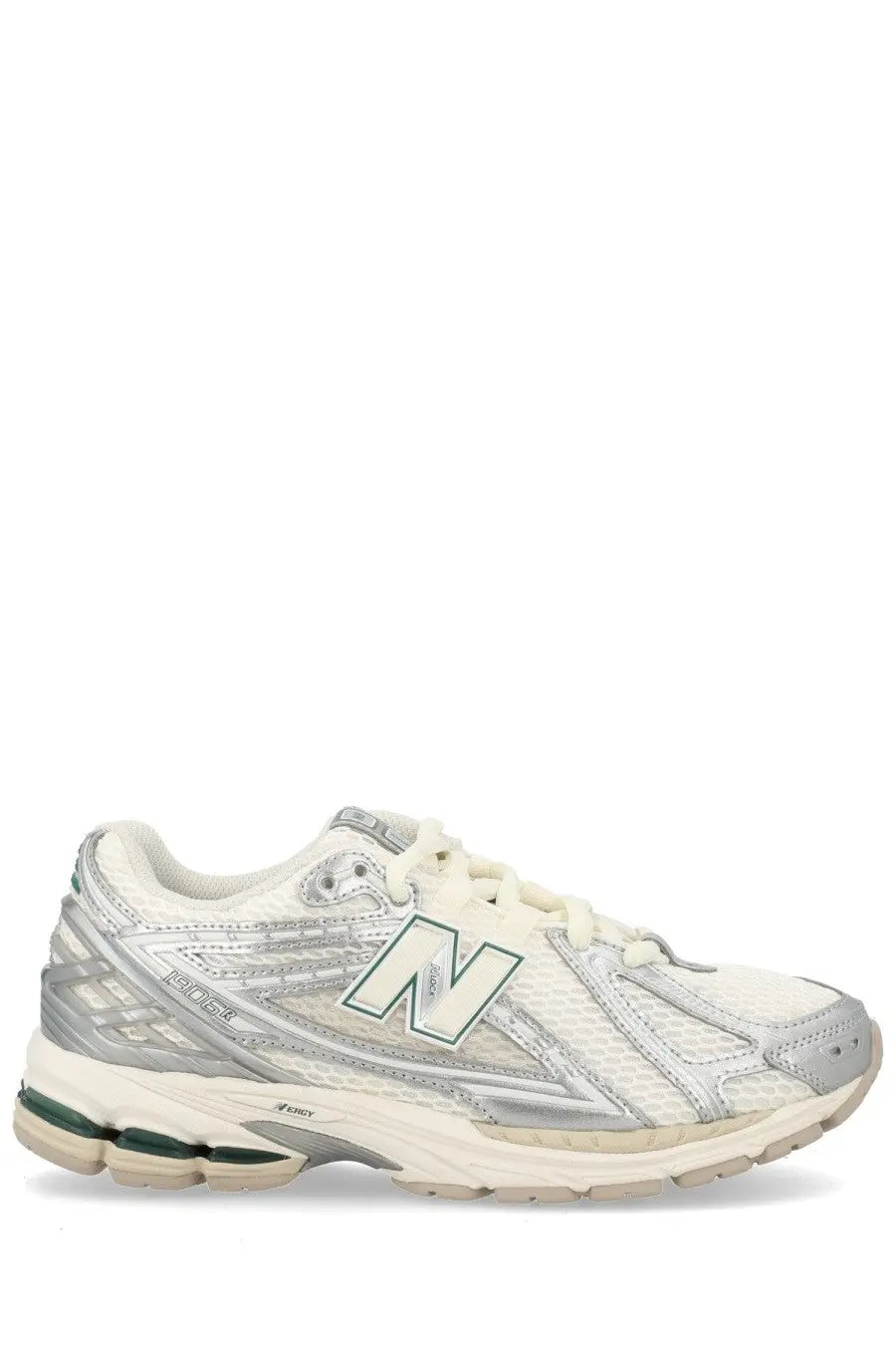 New Balance unisex sneaker 1906R silver with white and silver mesh upper metallic accents and green sole detailing