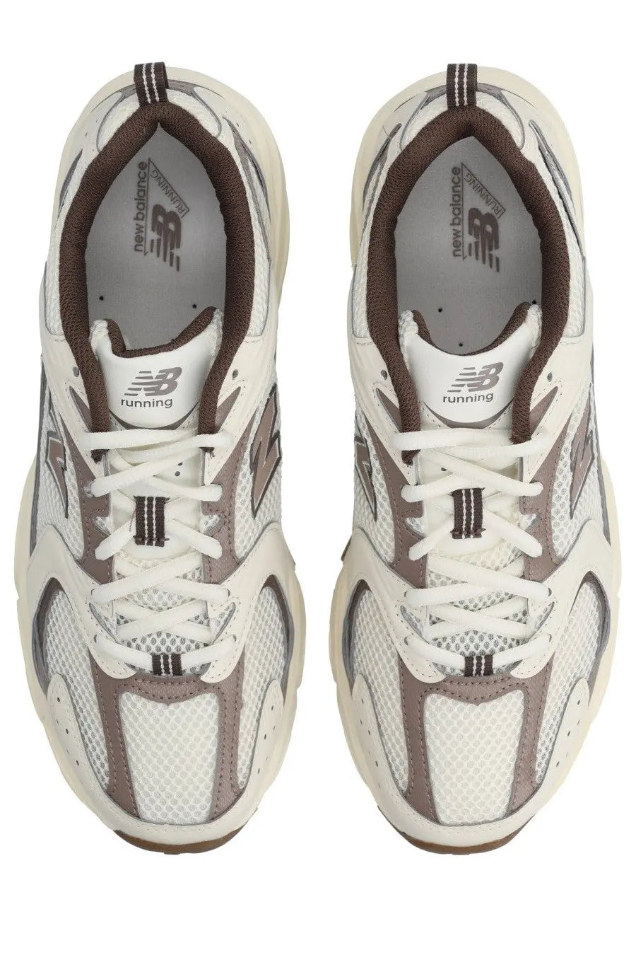 New Balance unisex sneaker beige featuring white and brown mesh uppers suede accents and chunky rubber sole