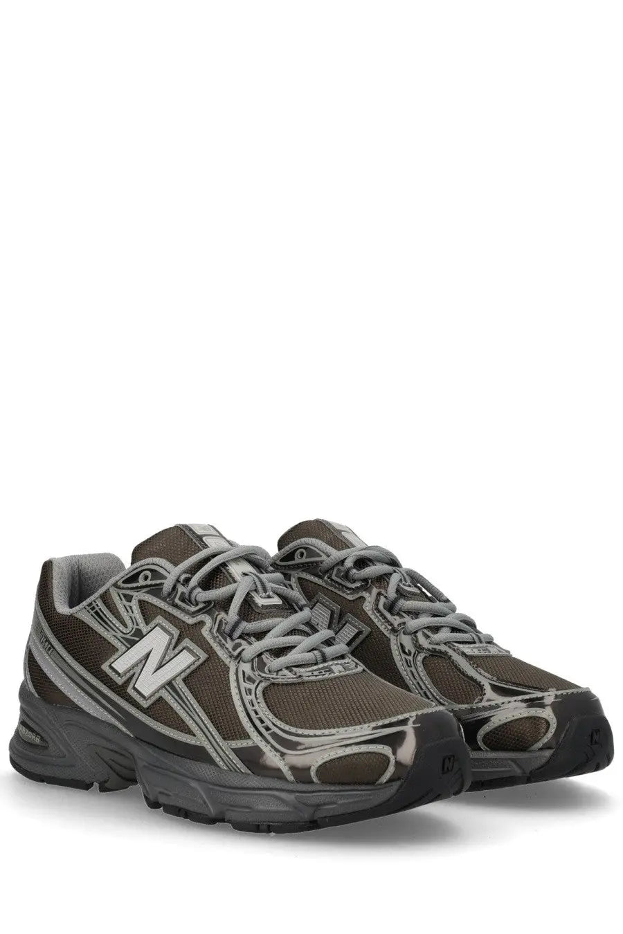 New balance unisex sneaker black with brown and gray mesh upper white logo accents and black rubber soles