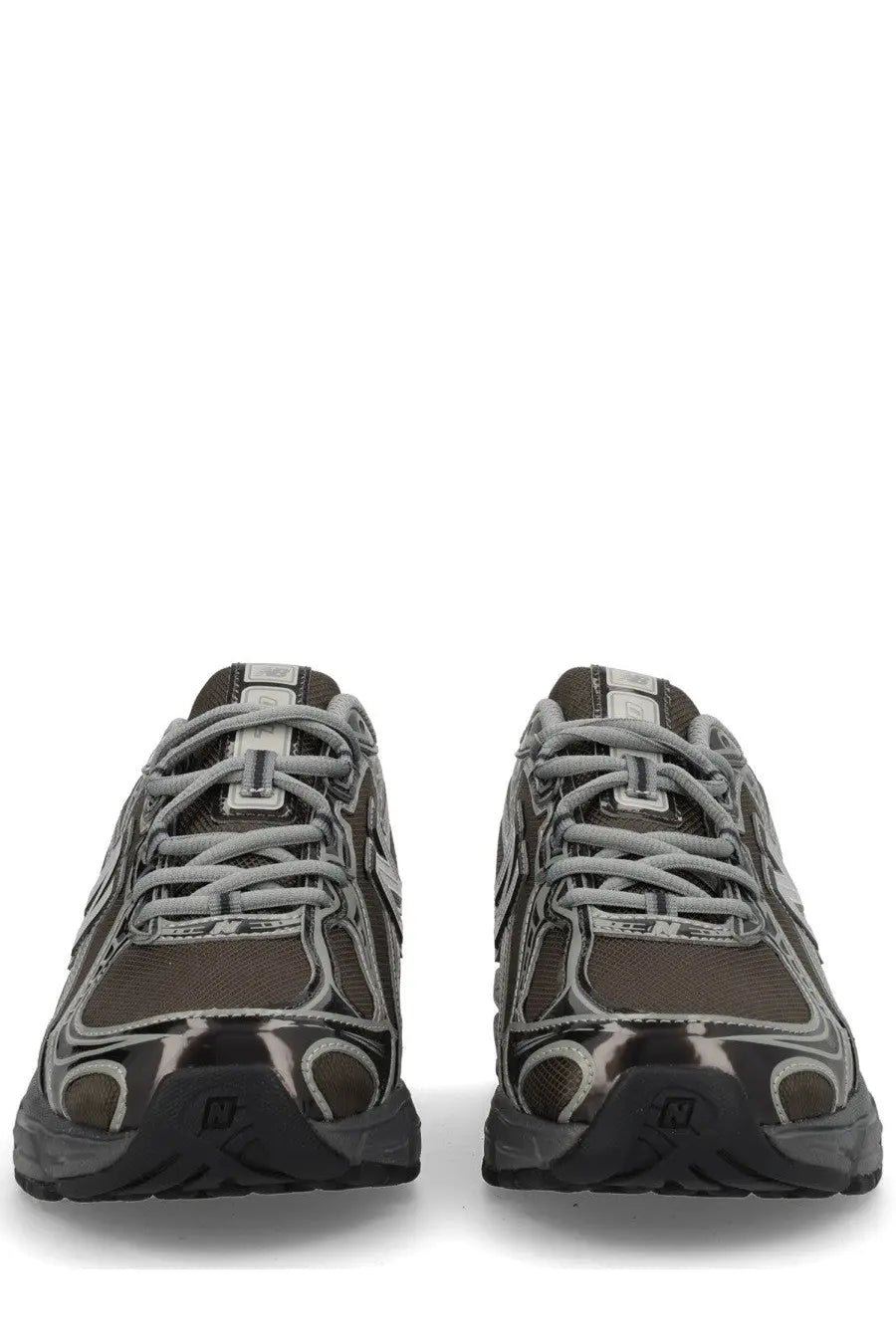 New Balance unisex sneaker black in dark brown and silver mesh with a glossy black rubber sole