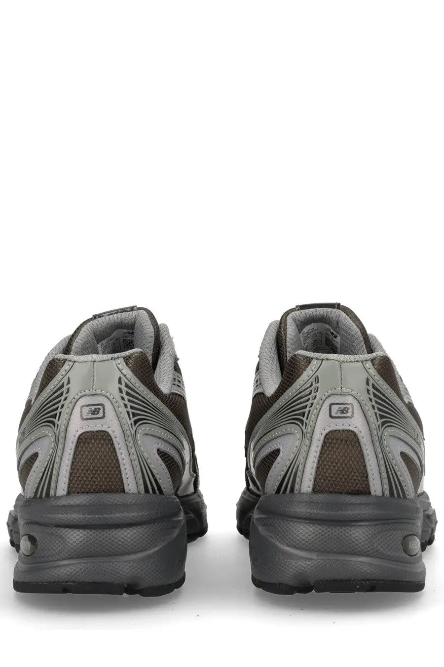 Gray and brown new balance 9260 unisex sneaker with mesh and synthetic upper and wave pattern on heel back side