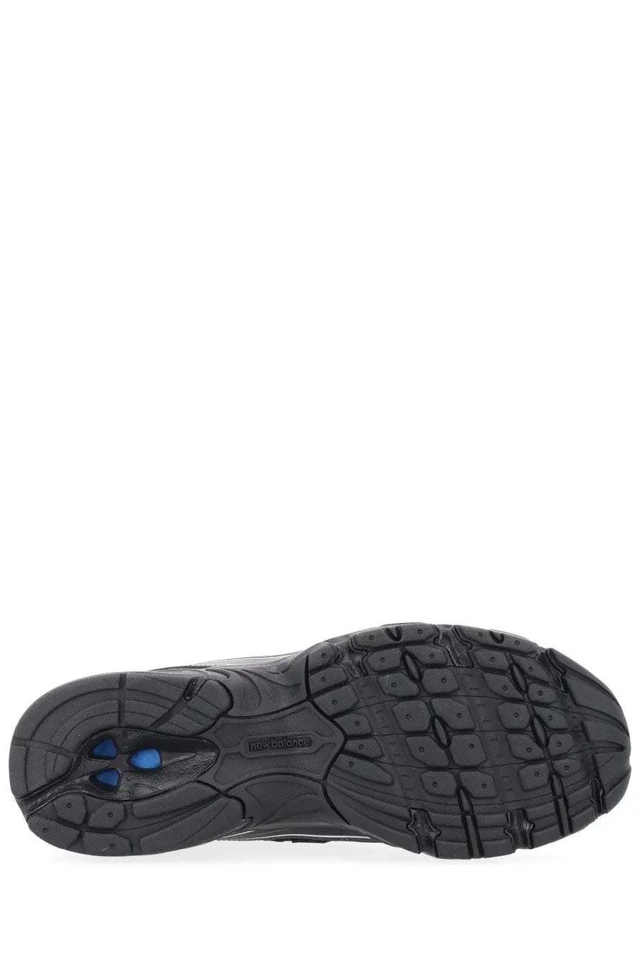 Black rubber sole with blue accents and textured tread pattern on new balance unisex sneaker black