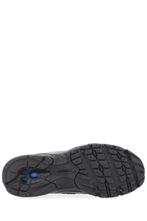 Black rubber sole with blue accents and textured tread pattern on new balance unisex sneaker black