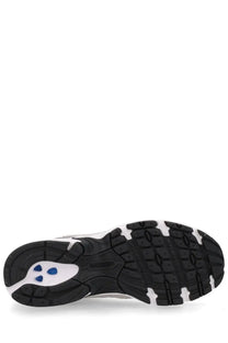 New Balance unisex sneaker grey featuring a black and white athletic shoe with blue midsole accents front view