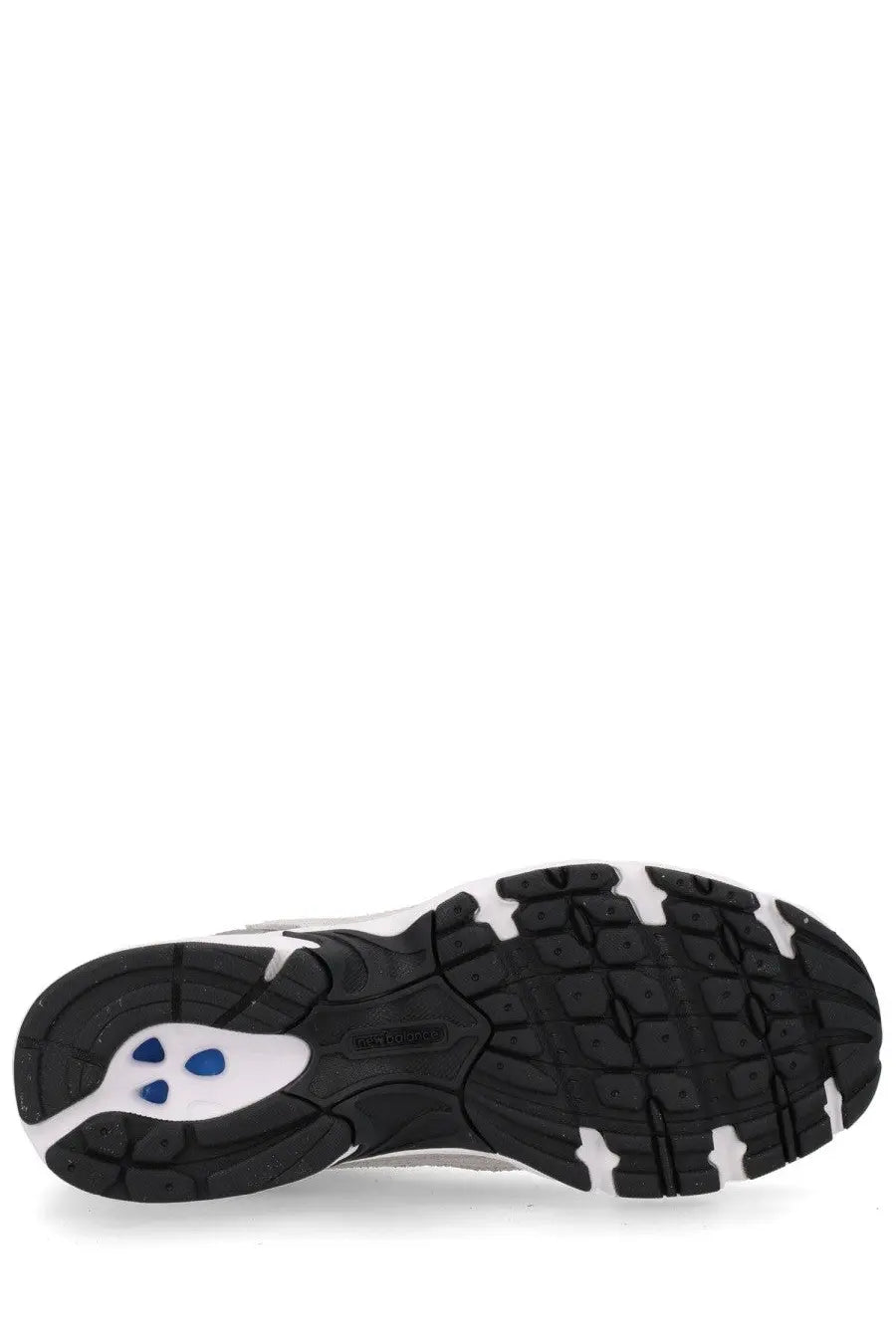 New Balance unisex sneaker grey with black and white upper and blue accents on the midsole for athletic use