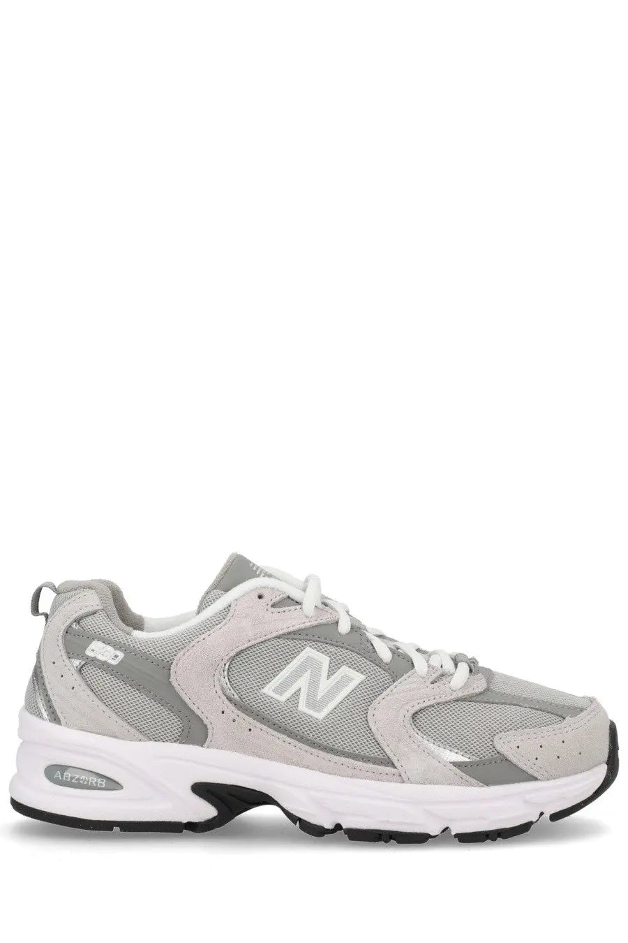 New balance unisex sneaker grey featuring gray and white mesh and suede upper with black rubber sole