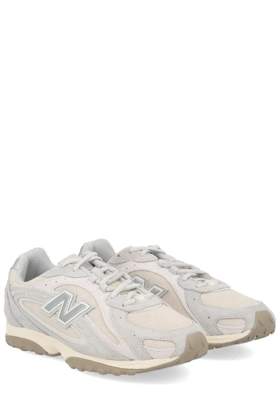 New Balance unisex sneaker grey with light gray and beige suede and mesh upper featuring matching n logo