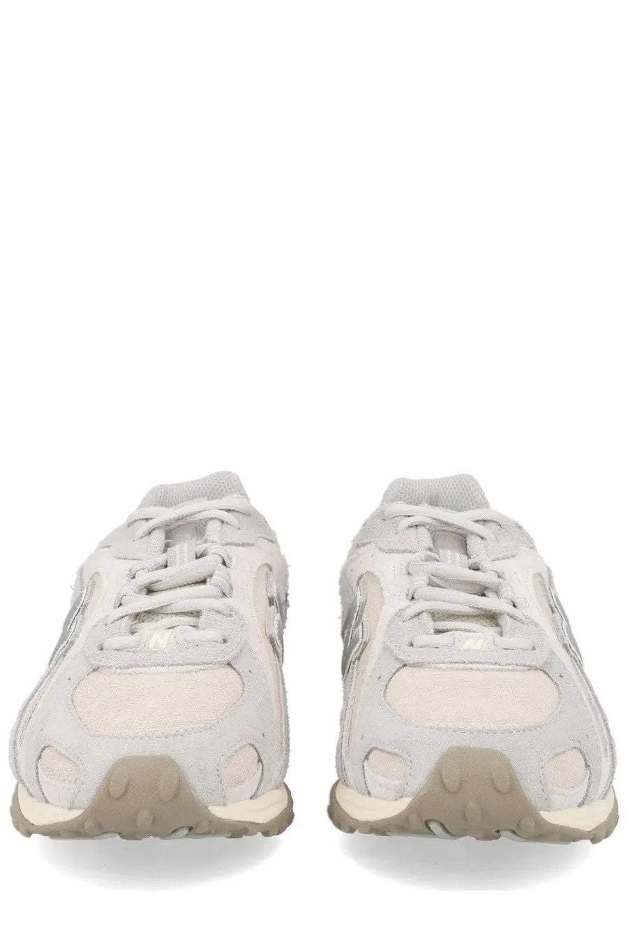 New balance unisex sneaker grey in light gray suede and mesh with beige midsole and outsole accents