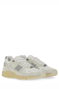 New balance unisex sneaker u991 white with cream suede and mesh upper gray logo accents and beige rubber sole
