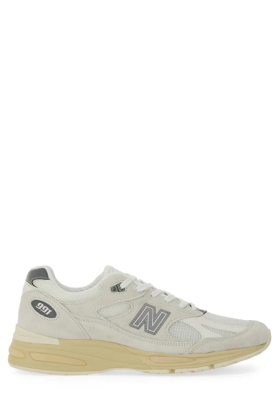 New Balance unisex sneaker u991 white with cream mesh and suede upper gray branding and beige rubber sole