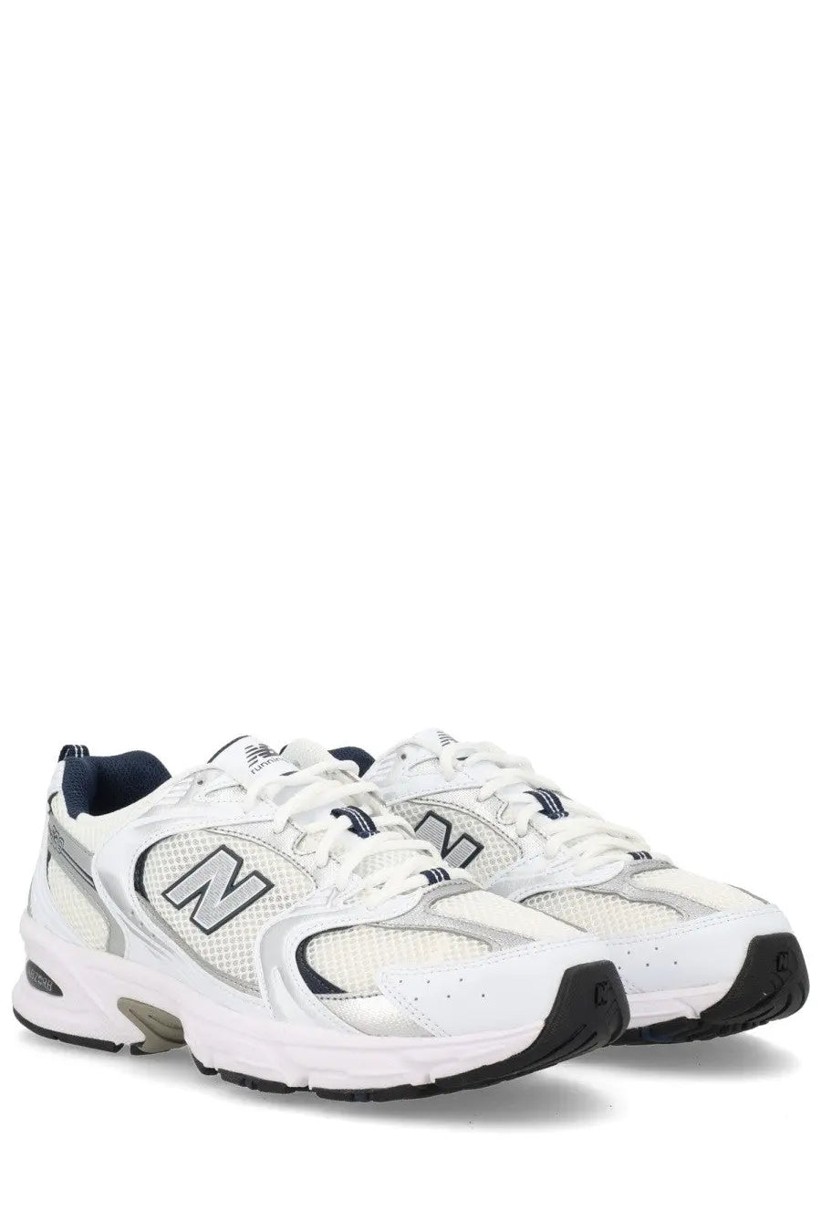 New Balance unisex sneaker white featuring white mesh and synthetic overlays with silver and navy accents