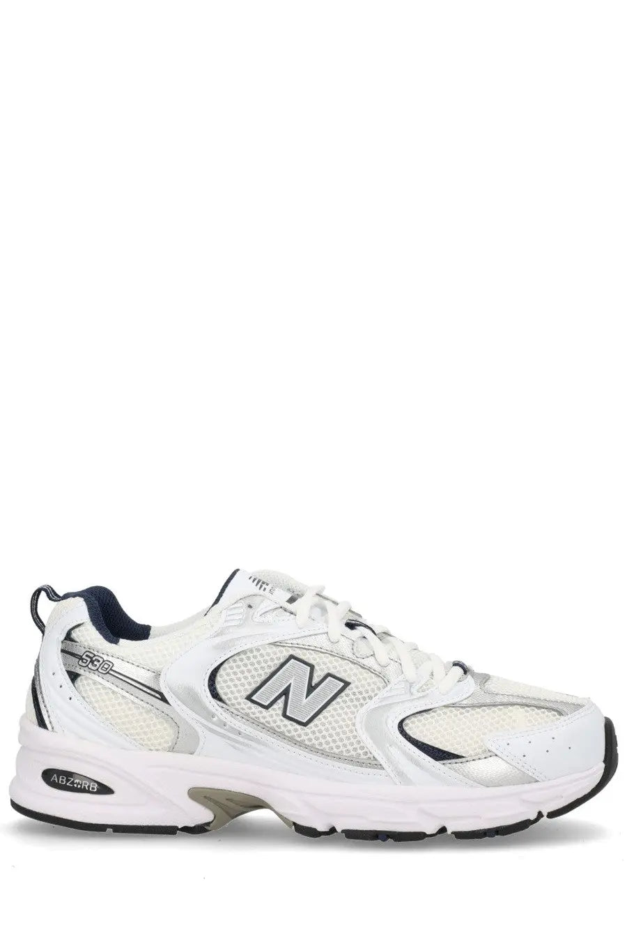 New balance unisex sneaker white with silver and navy accents featuring mesh and synthetic overlays