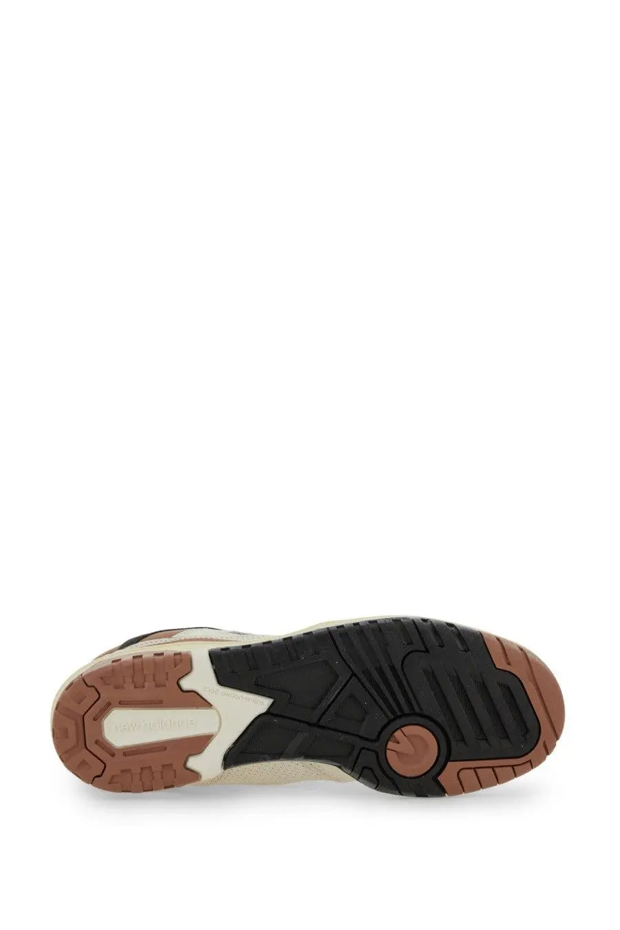 Beige and black rubber sole with tan accent on the heel of the back side of new balance unisex sneaker white