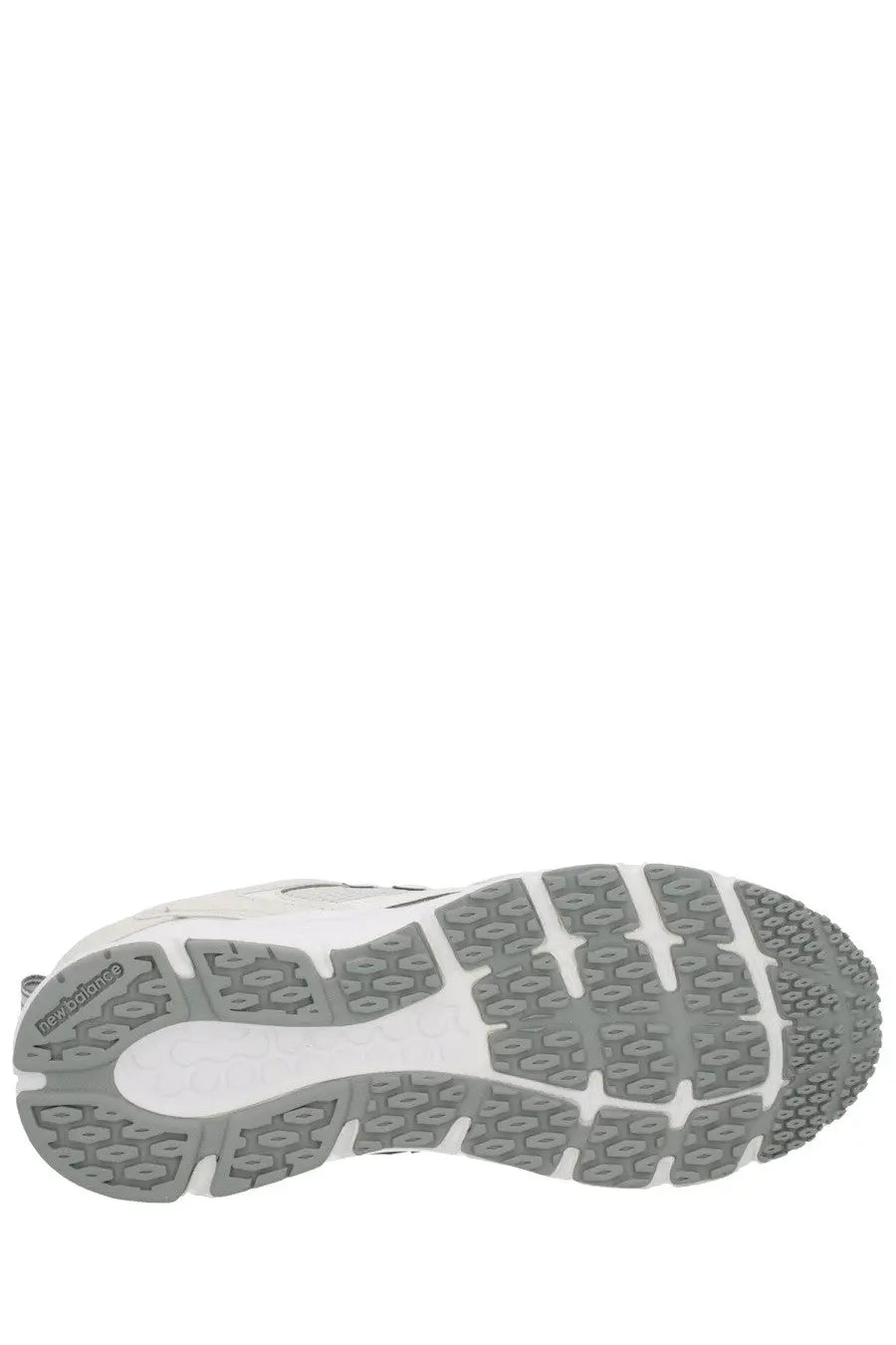 New Balance unisex sneaker white with a white and gray textured sole and patterned tread design for running