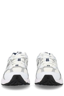 New balance unisex sneaker white with white and silver mesh upper and black rubber running soles
