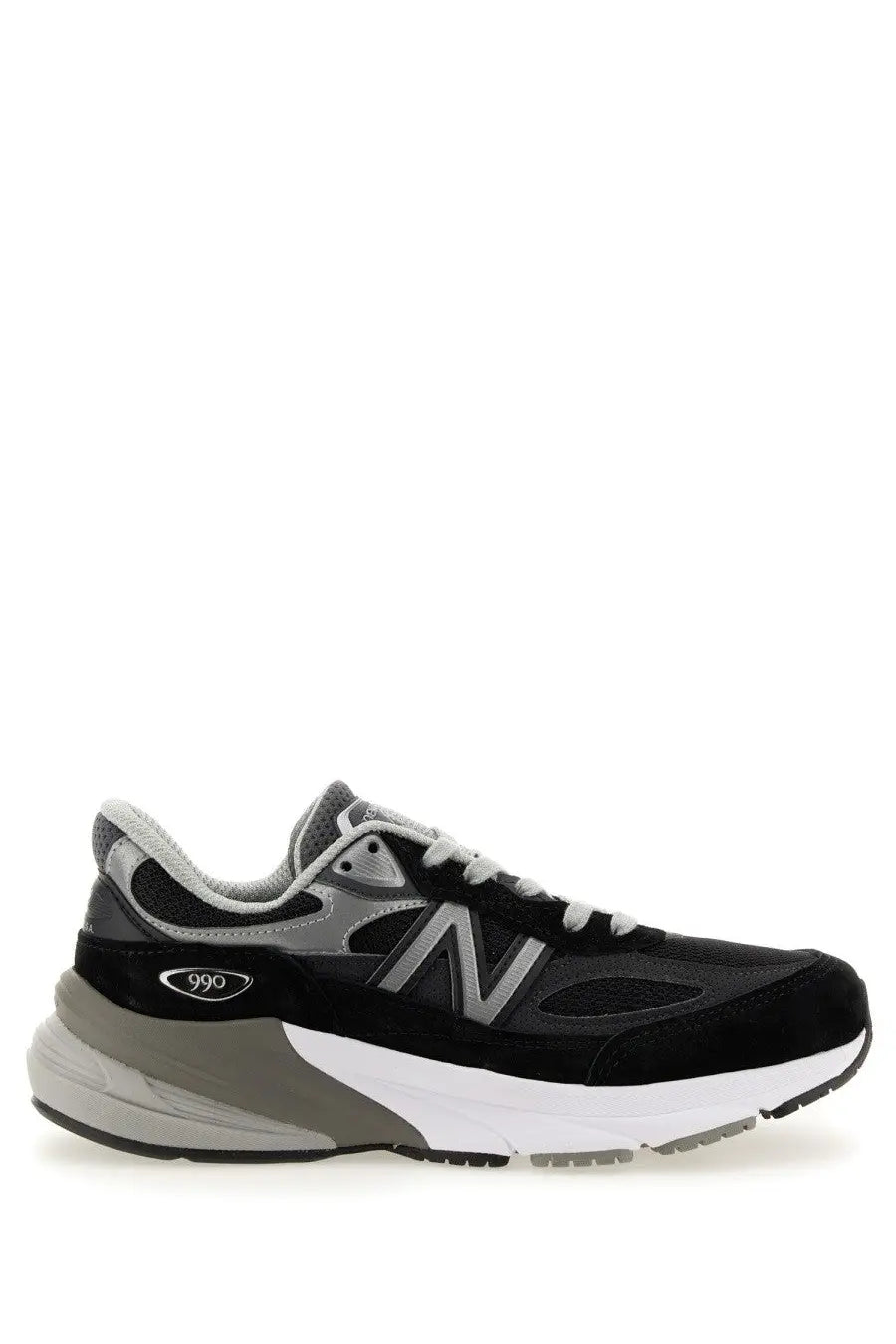 New balance women’s sneaker 990v6 black with black and gray suede upper mesh accents and white midsole running shoe