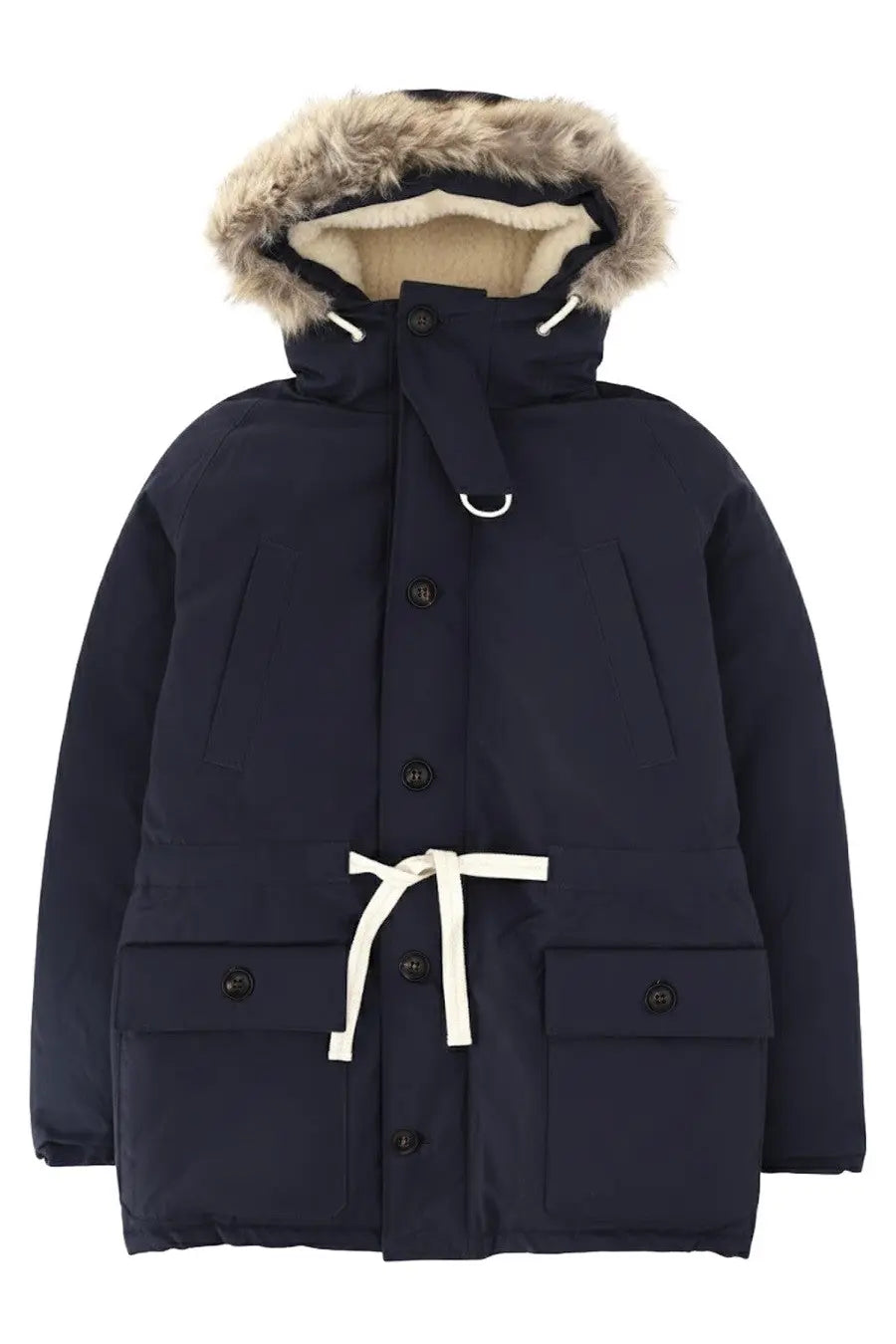 Navy blue nigel cabourn men’s everest parka with puffer insulation fur-lined hood and white drawstring belt