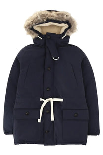 Navy blue Nigel Cabourn men’s Everest puffer parka with fur-lined hood and white drawstring belt