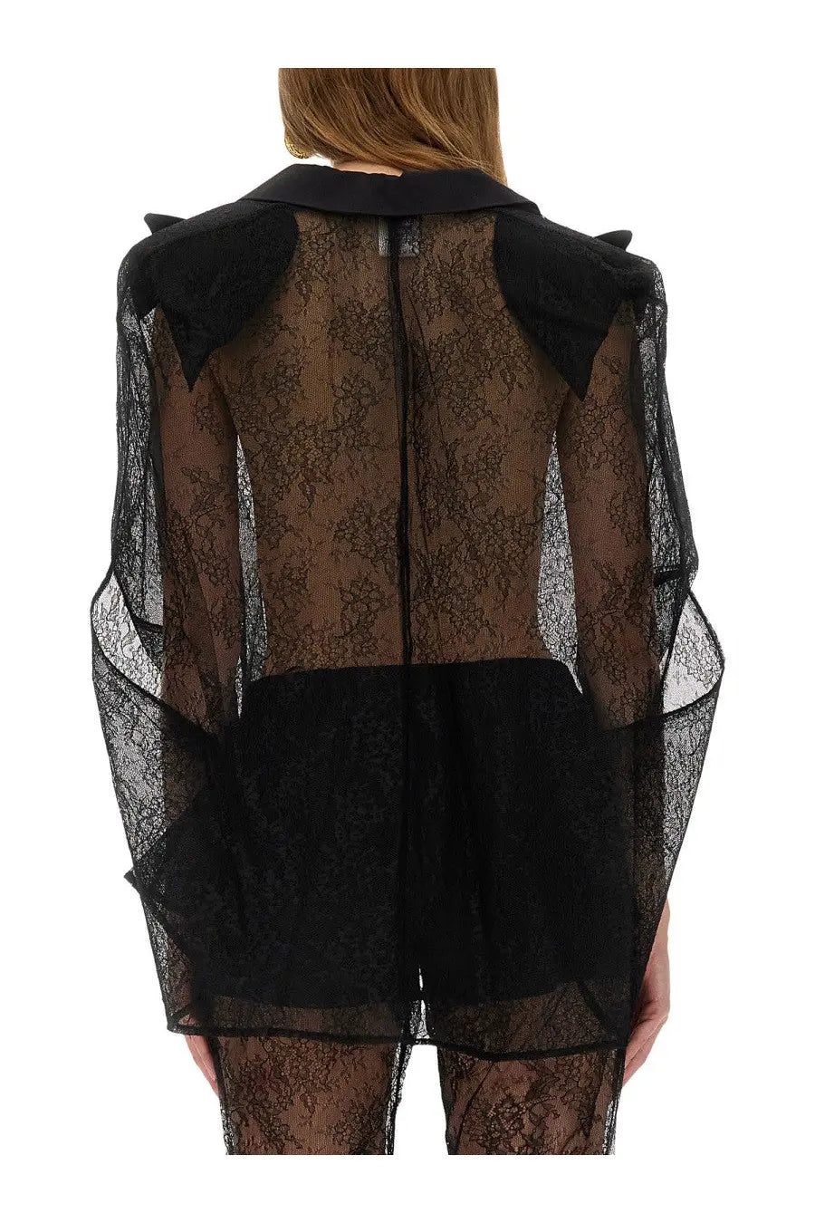 Nina ricci women’s blazer inspired black lace cape with sheer overlay and structured collar detail