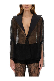 Nina ricci women’s black lace blazer with sheer overlay and structured collar inspired lace cape design