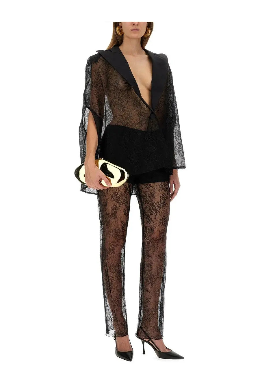 Black lace sheer blazer with structured collar and long sleeves inspired by nina ricci womens lace cape