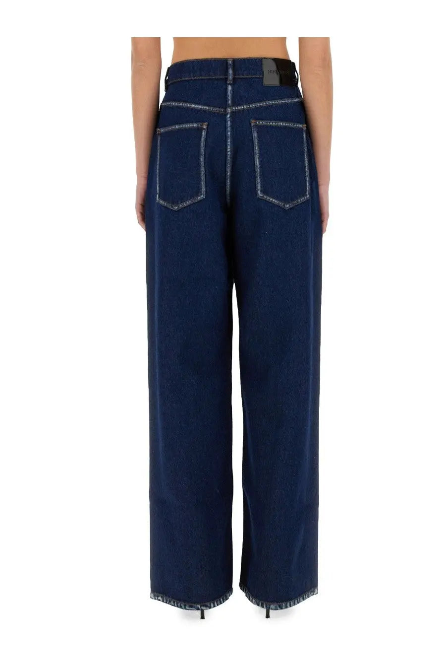 Nina Ricci women’s blue wide-leg denim boyfriend jeans with light stitching and black leather belt loop