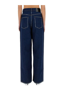 Nina Ricci women’s blue wide-leg denim boyfriend jeans with light stitching and black leather belt loop