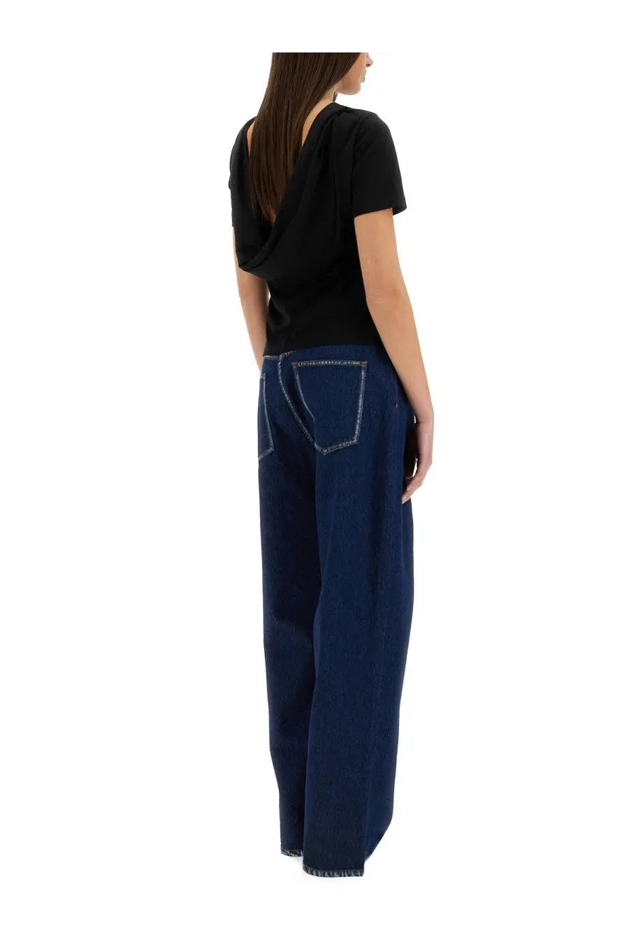 Back side of nina ricci women’s blue wide-leg denim boyfriend jeans with contrasting light stitching on back pockets