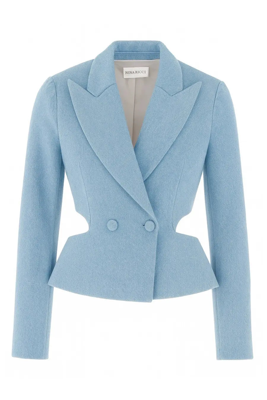 A light blue Nina Ricci women’s blazer with structured double-breasted design and peplum hem