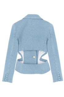 Back view of nina ricci women’s light blue denim blazer with distinctive cutout and button detail