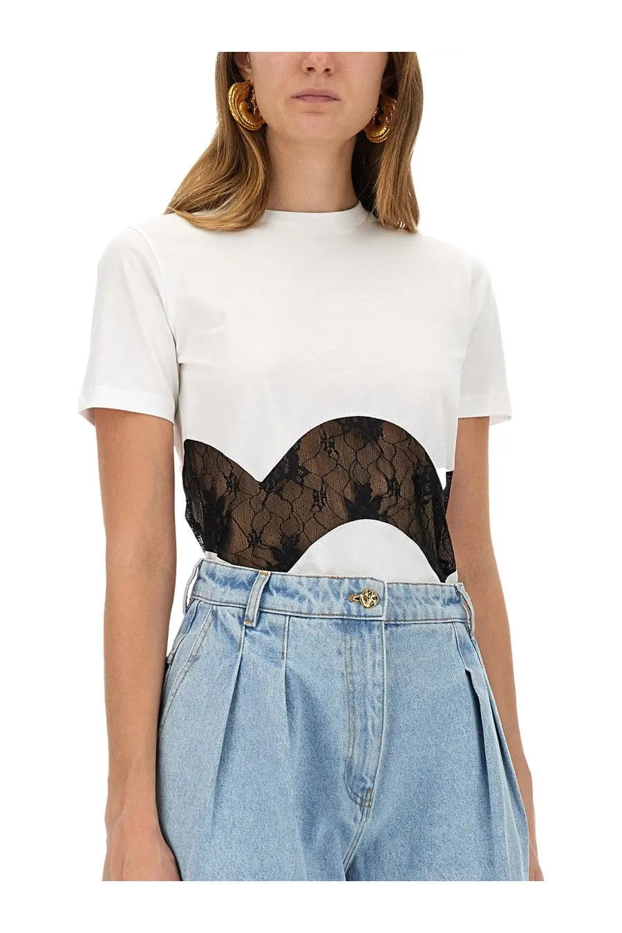 Nina Ricci women’s white jersey t-shirt with short sleeves and a black lace panel across the midsection