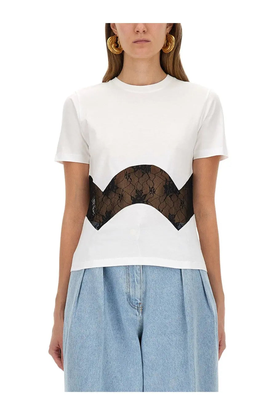 Nina Ricci women’s white jersey shirt with short sleeves and bold black lace floral panel across midsection