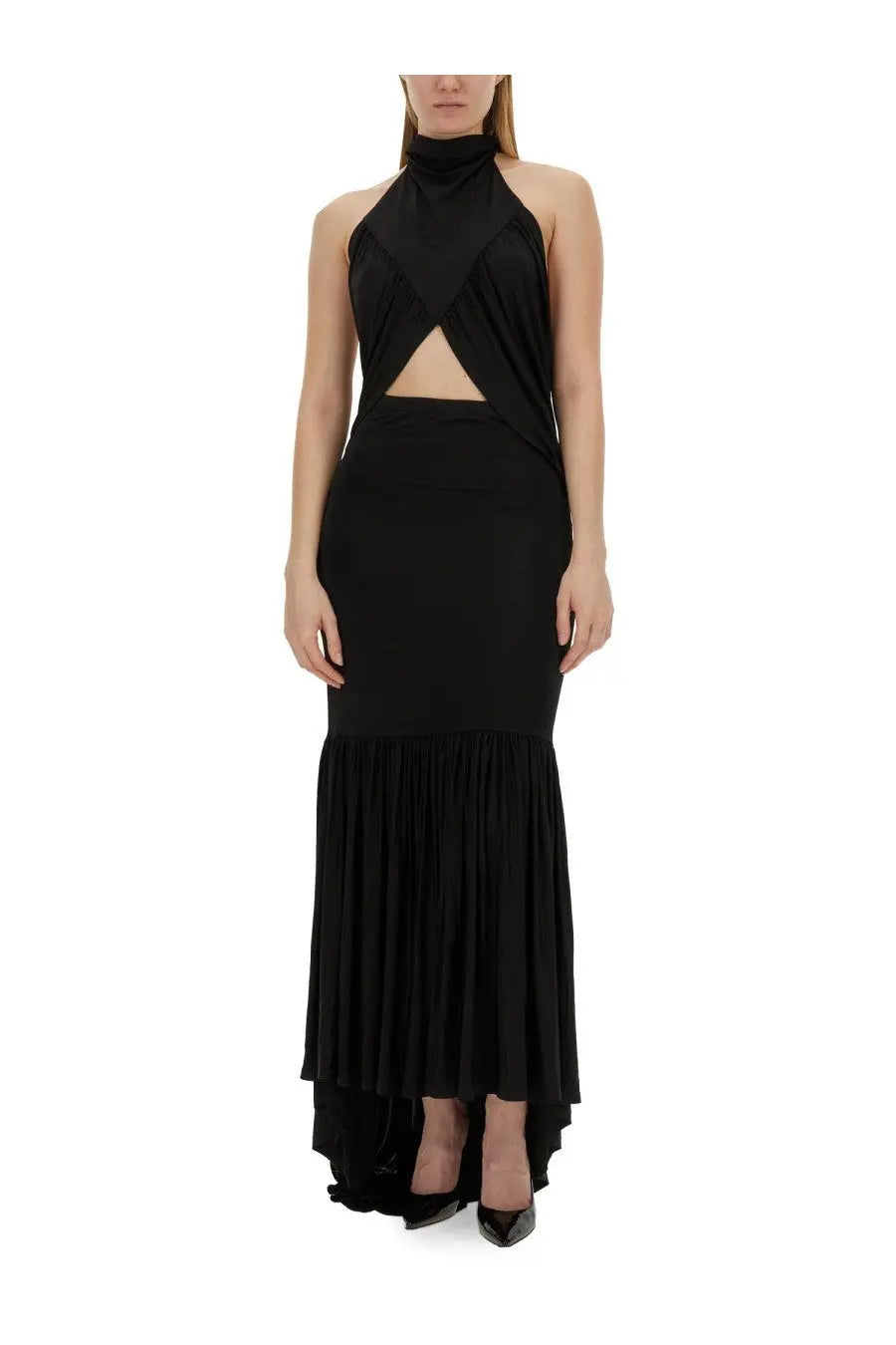 Black Nina Ricci women’s jersey skirt featuring a halter-neck with high neckline cut-out waist and pleated design