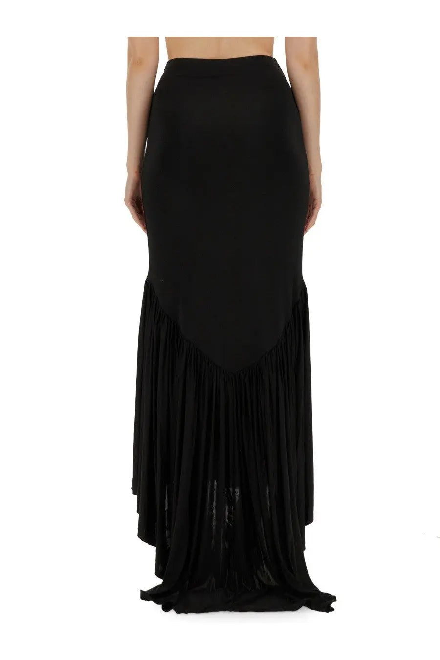 Nina Ricci women’s black jersey high-waisted maxi skirt with fitted bodice and layered fringe hem