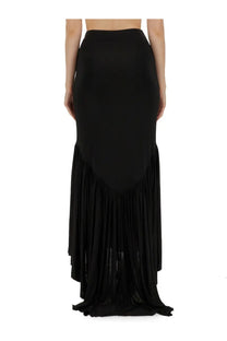 Nina Ricci women’s black jersey high-waisted maxi skirt with fitted bodice and layered fringe hem