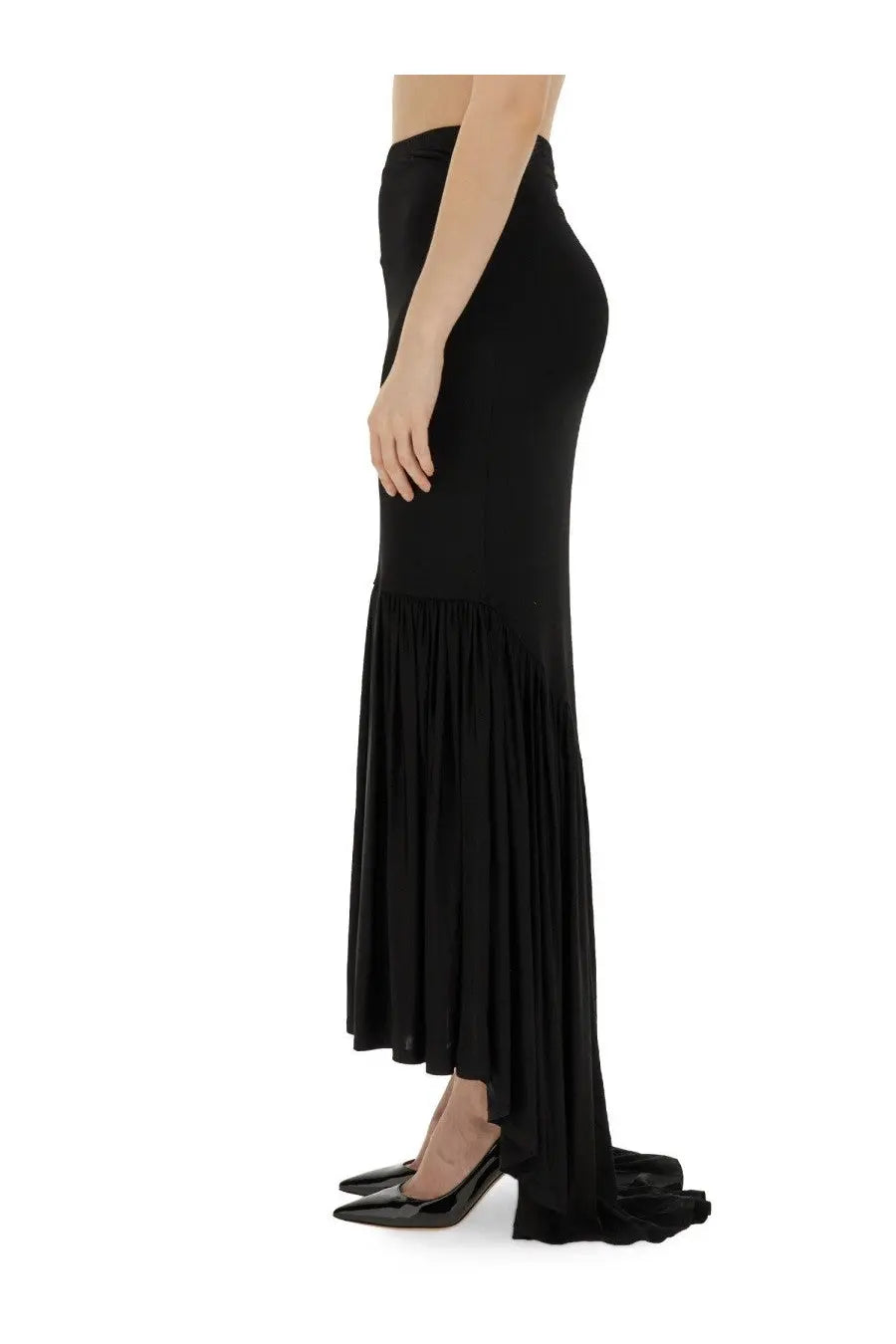 Nina Ricci women’s black jersey high-waisted mermaid skirt with fitted silhouette and pleated flowing hem