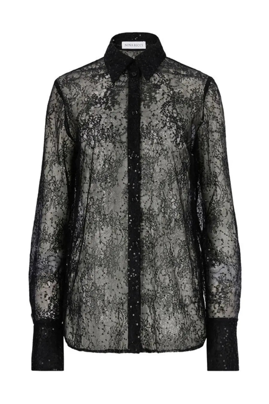 Nina Ricci women’s black lace blouse with sheer fabric and subtle shimmering embellishments front view