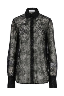 Nina Ricci women’s black lace blouse with sheer fabric and subtle shimmering embellishments front view
