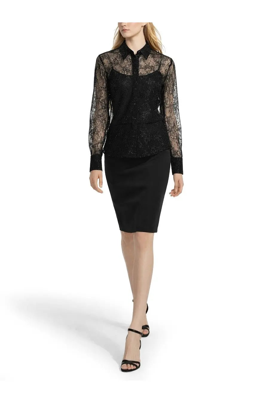 Nina Ricci women’s black lace blouse with sheer long sleeves and fitted silhouette