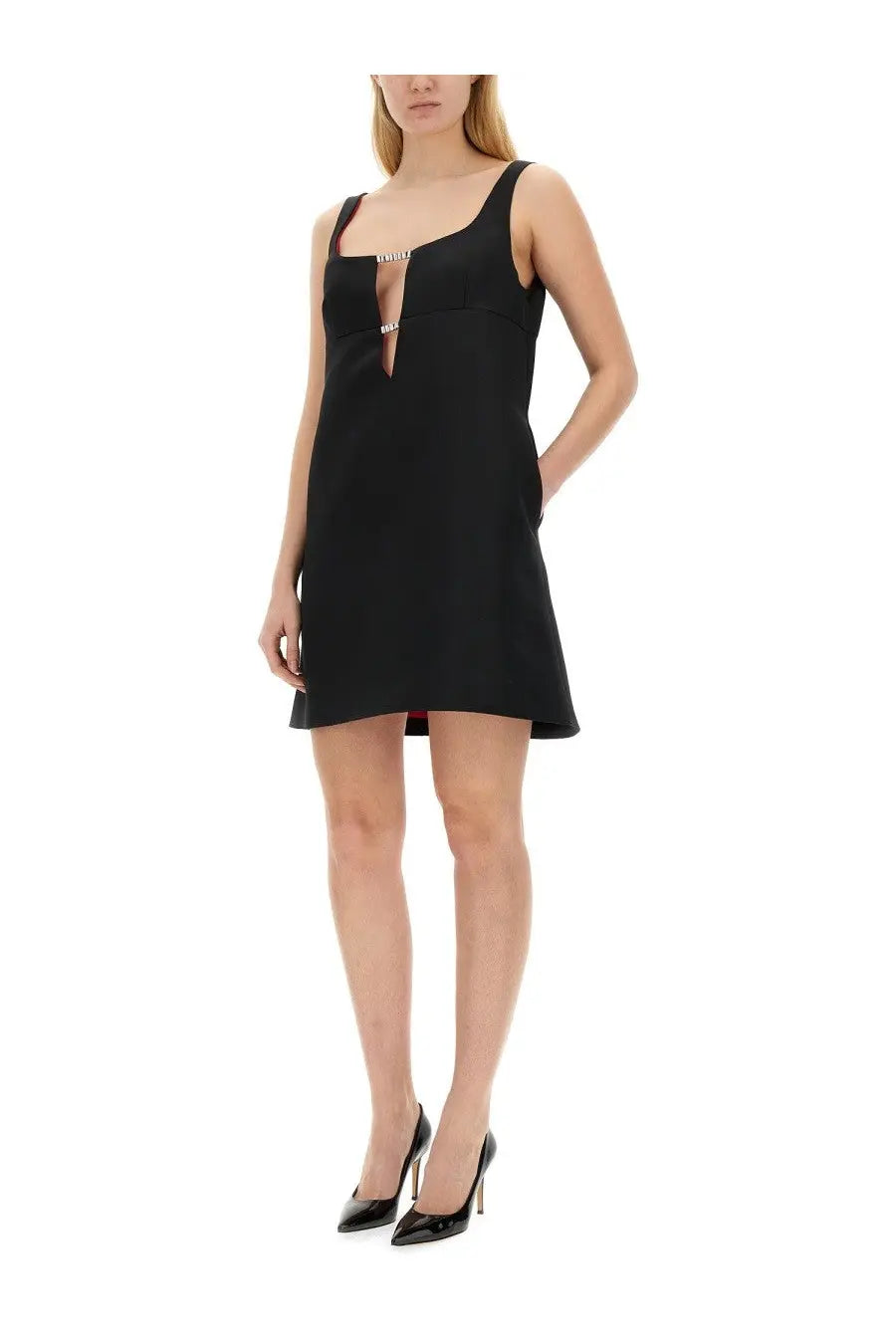 Nina Ricci women’s black sleeveless mini dress with square neckline and keyhole front silver embellishments
