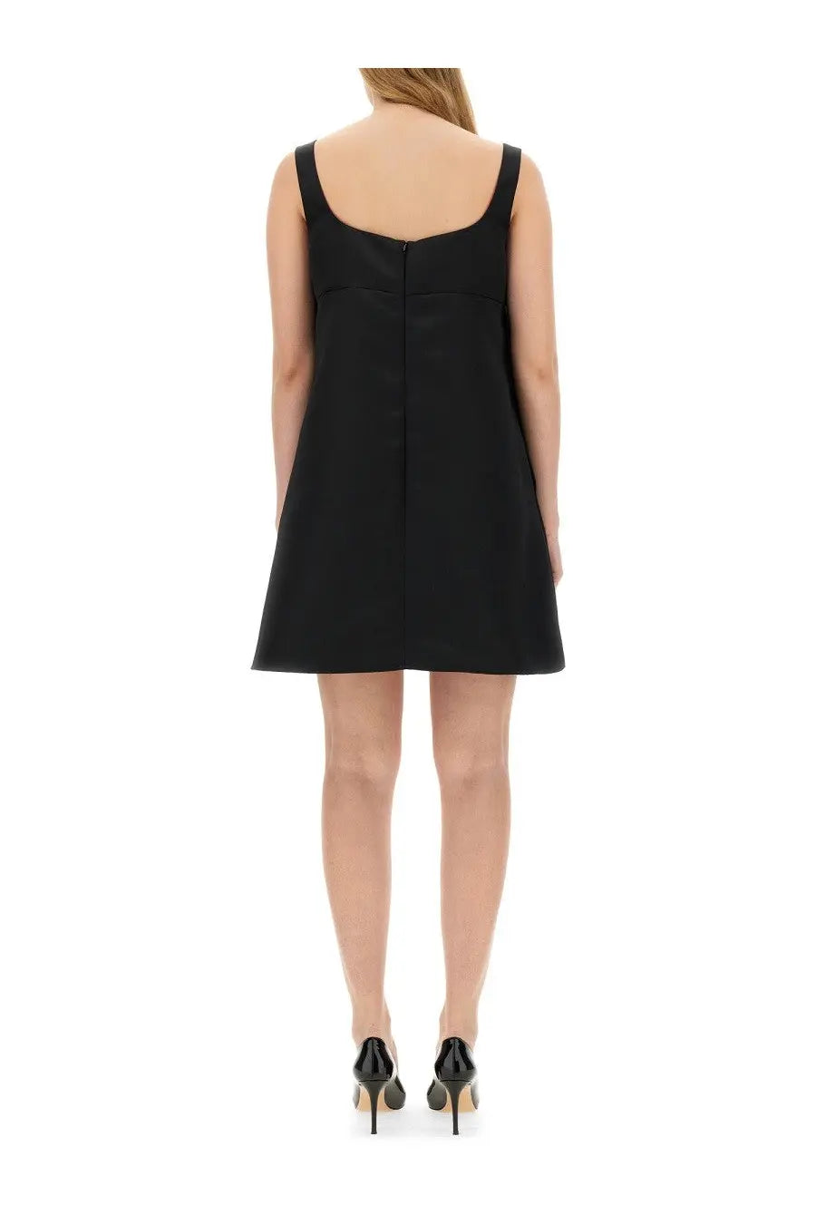 Nina ricci women’s black sleeveless a-line dress with square neckline and back zipper shown from the back side