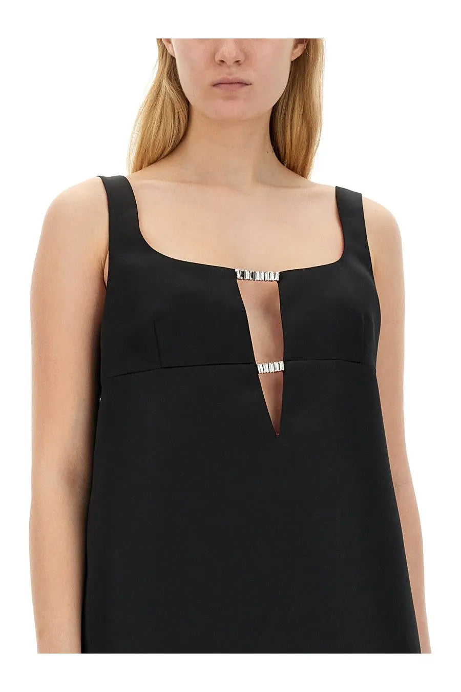 Nina Ricci women’s black sleeveless dress with square neckline and silver embellished keyhole detail