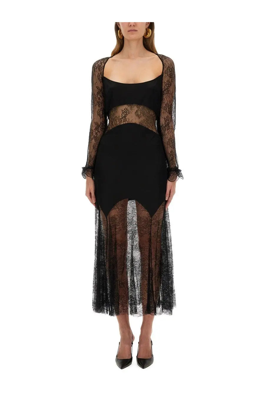Nina Ricci women’s black long lace dress with sheer long sleeves and a high slit