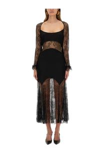 Nina Ricci women’s black long lace dress with sheer long sleeves and a high slit