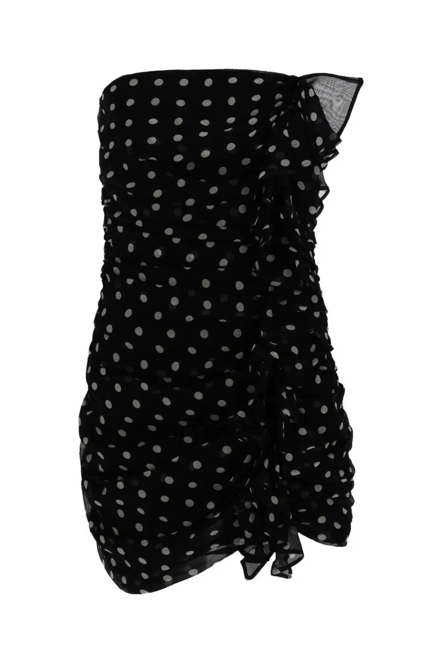 Nina Ricci women’s black mini bustier dress with white polka dots and ruffled detailing in strapless design