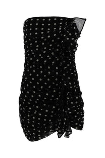Nina Ricci women’s black mini bustier dress with white polka dots and ruffled detailing in strapless design