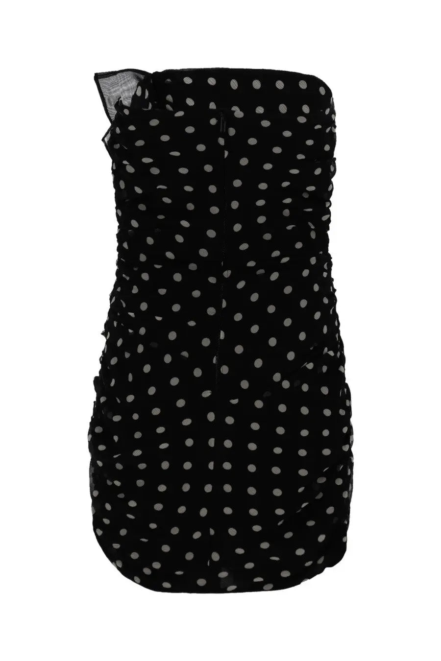 Nina Ricci women’s black strapless mini bustier dress with white polka dots and ruched detailing