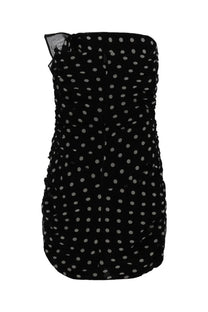 Nina Ricci women’s black strapless mini bustier dress with white polka dots and ruched detailing