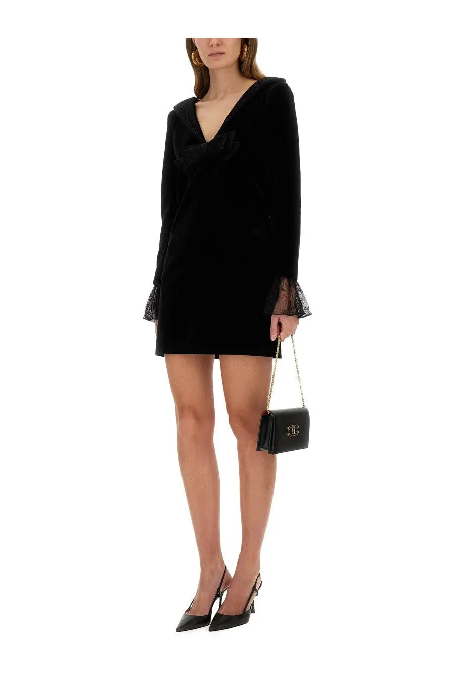 Nina Ricci women’s black velvet mini dress with lace-trimmed flared sleeves and draped front detail