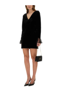 Nina Ricci women’s black velvet mini dress with lace-trimmed flared sleeves and draped front detail